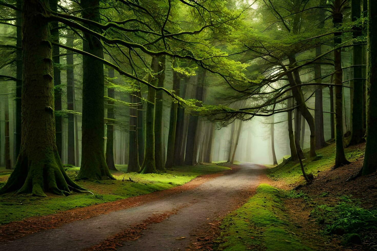 a path through a green forest with trees. AI-Generated photo