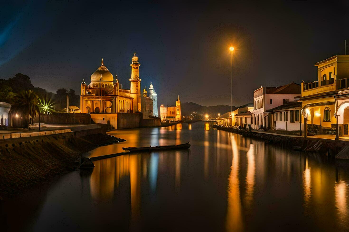 the night view of a mosque and a river. AI-Generated photo