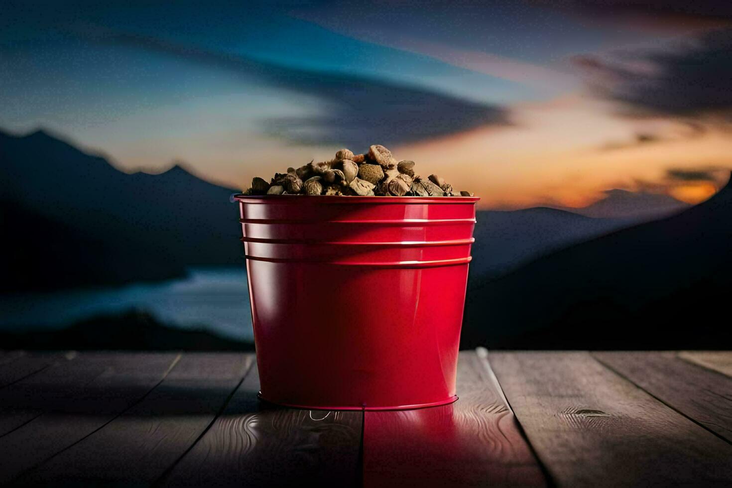 a red bucket filled with nuts on a wooden table. AI-Generated photo