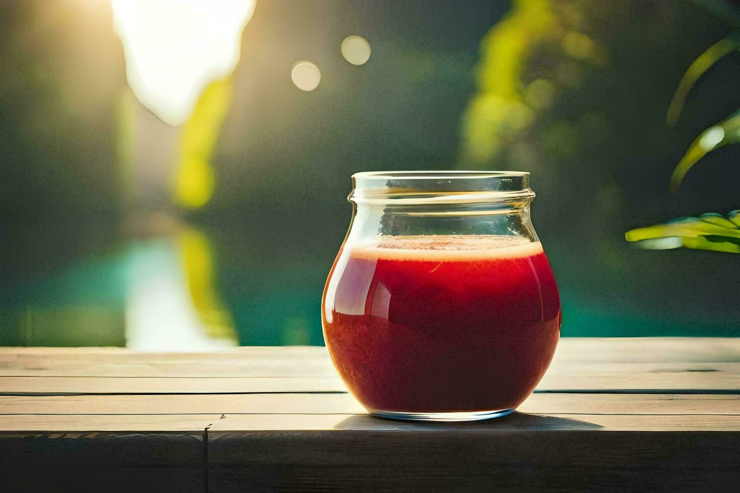 a glass jar of red juice sitting on a wooden table. AI-Generated photo
