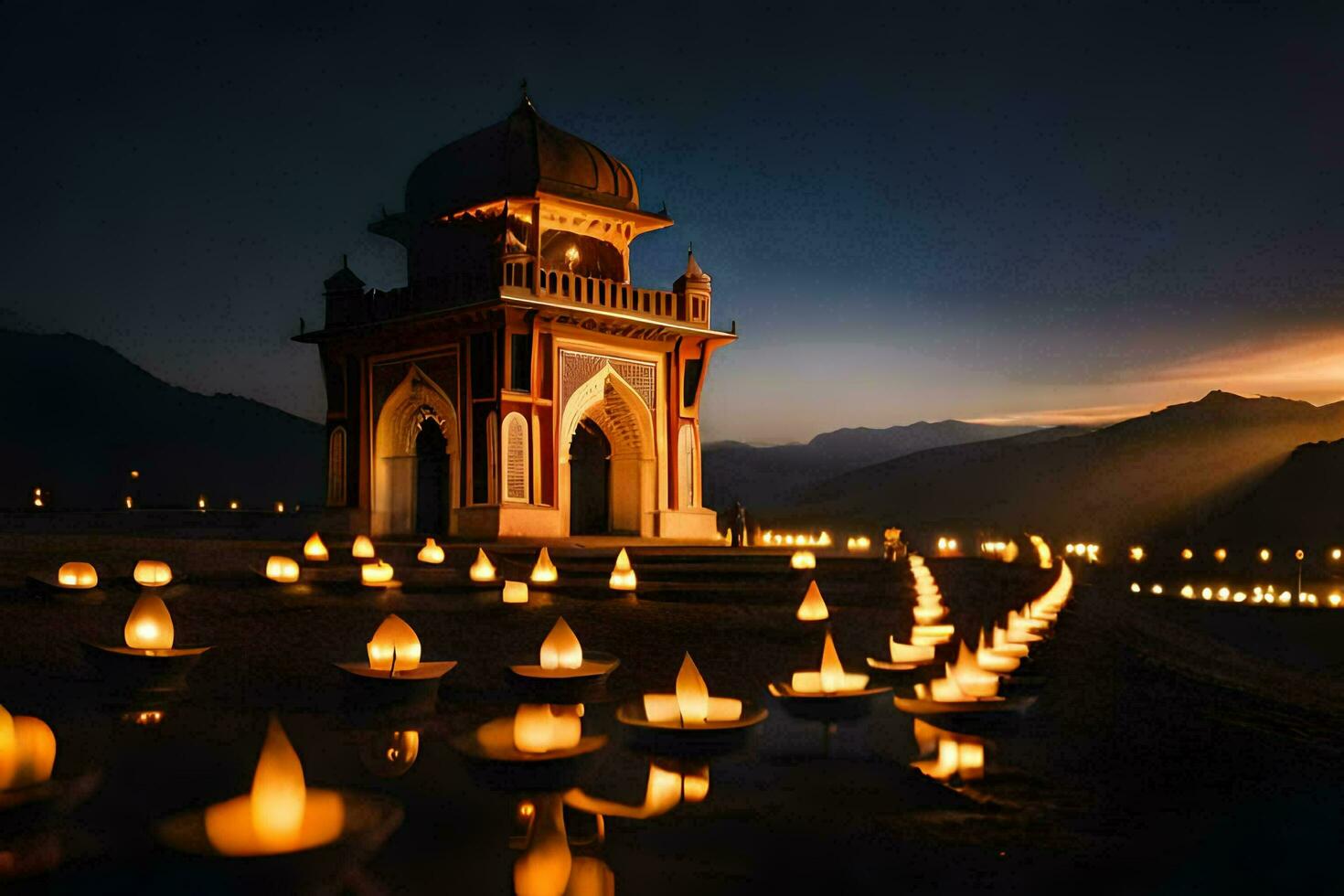 candles lit up in the desert at night. AI-Generated photo