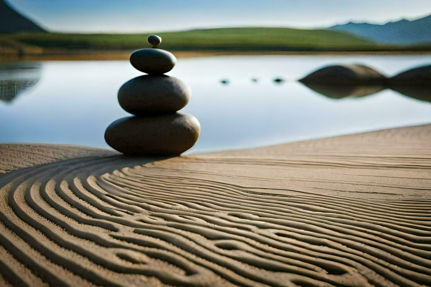 a stack of rocks sitting on the sand near a lake. AI-Generated photo
