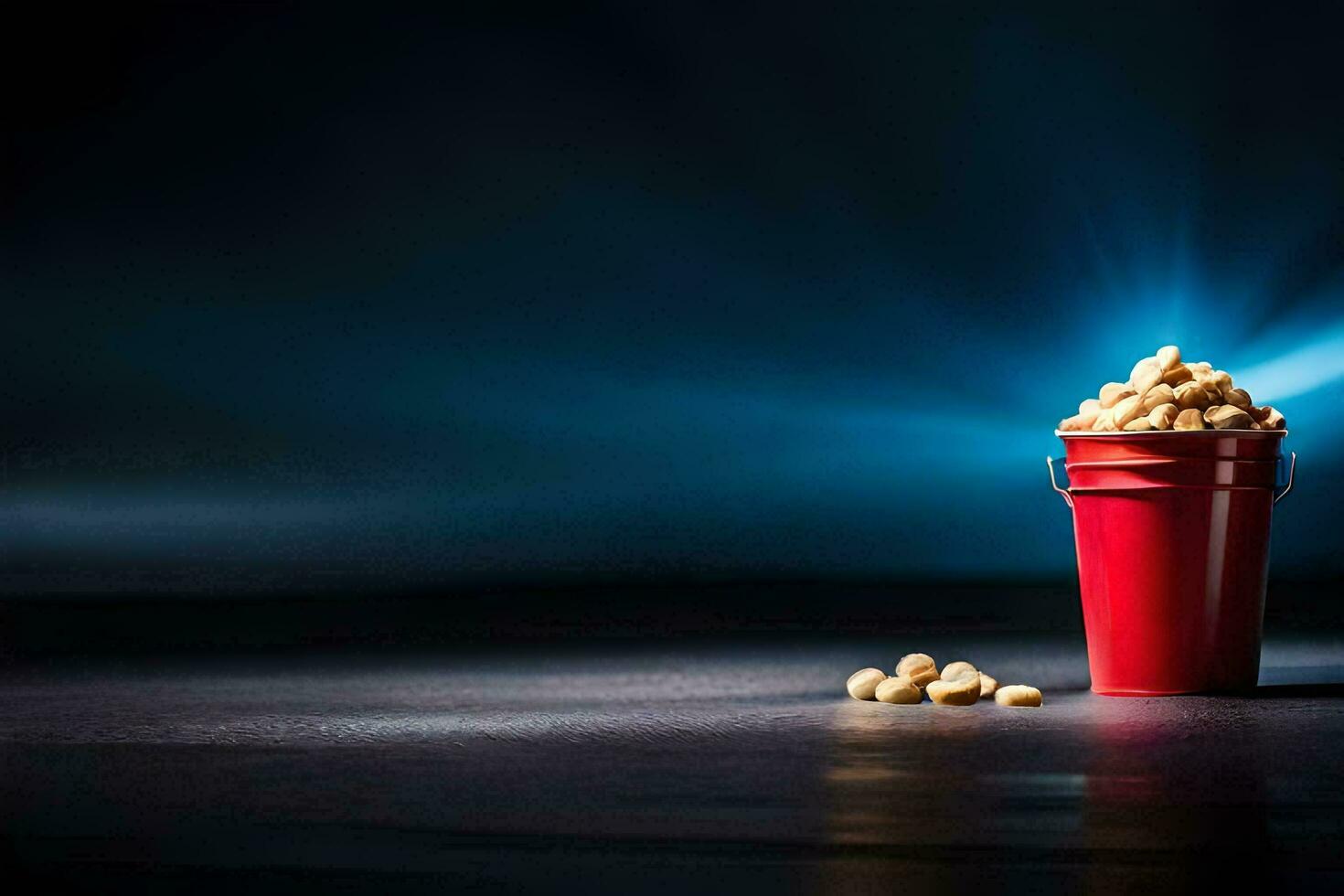 a bucket of popcorn on a dark table. AI-Generated photo