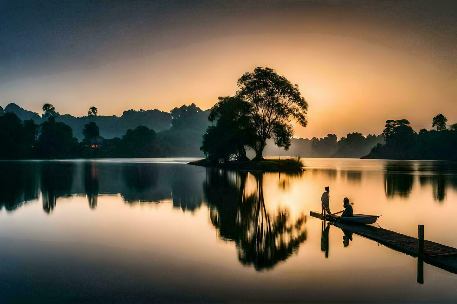 two people stand on a dock at sunset. AI-Generated photo