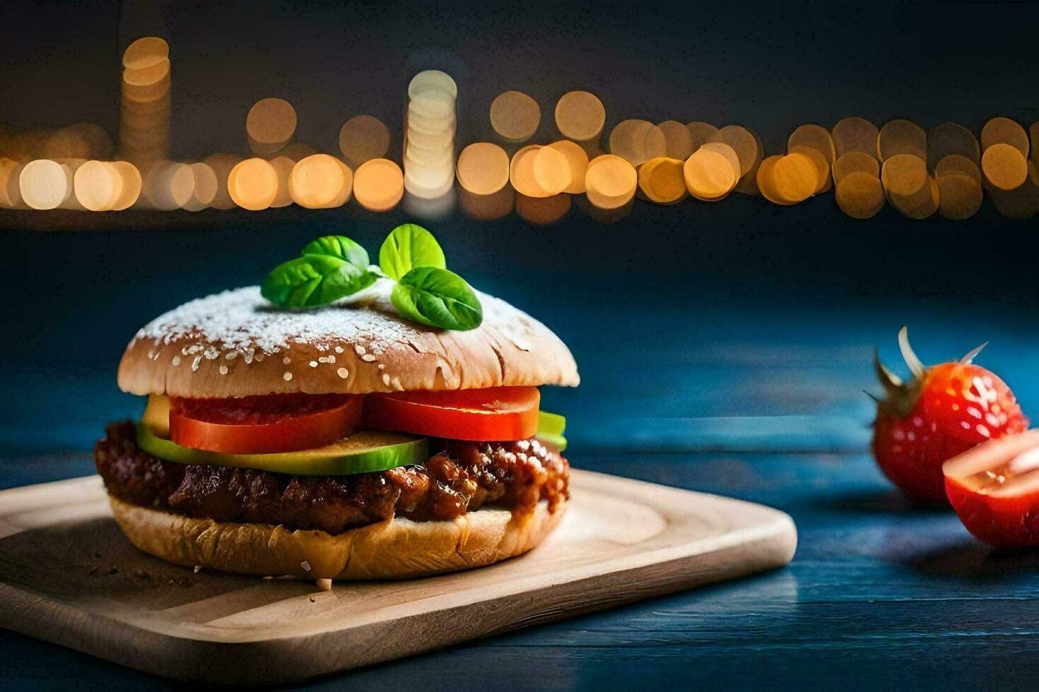 a hamburger with tomatoes and lettuce on a wooden cutting board. AI-Generated photo