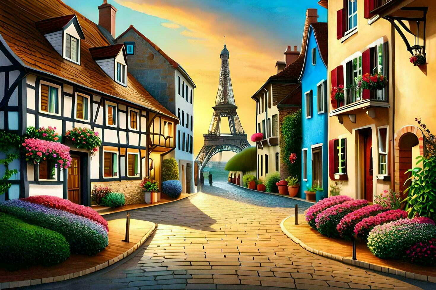 a painting of a street in paris with the eiffel tower in the background. AI-Generated photo
