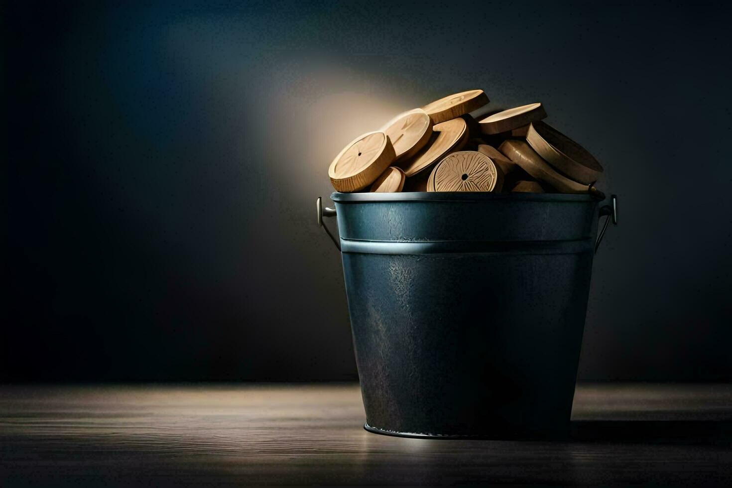 a bucket filled with wooden coins on a wooden table. AI-Generated photo