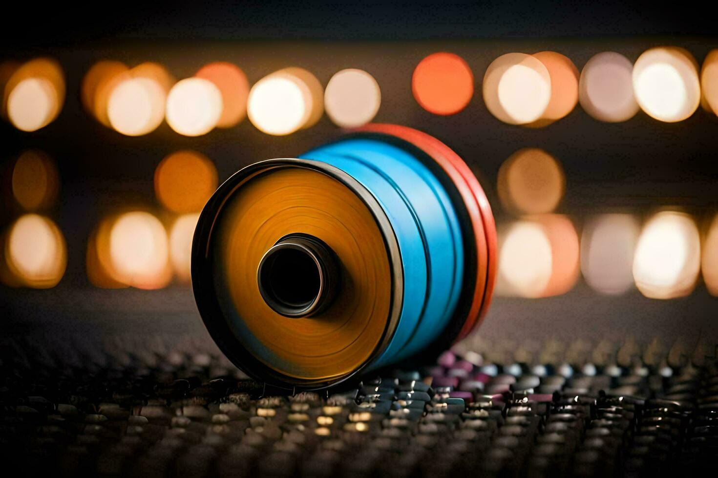 a blue and orange spool on a table. AI-Generated photo