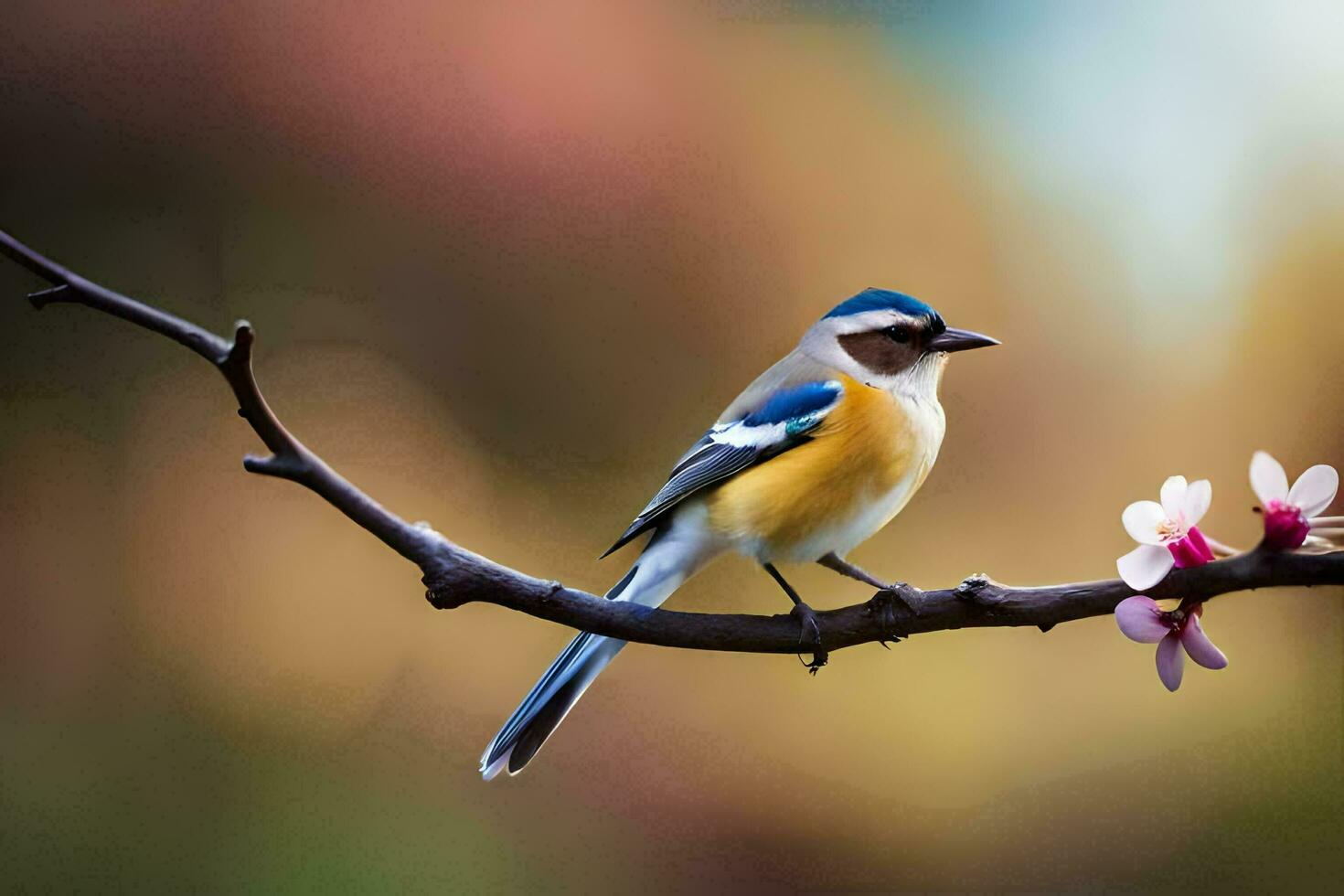 a blue and white bird sits on a branch with pink flowers. AI-Generated photo