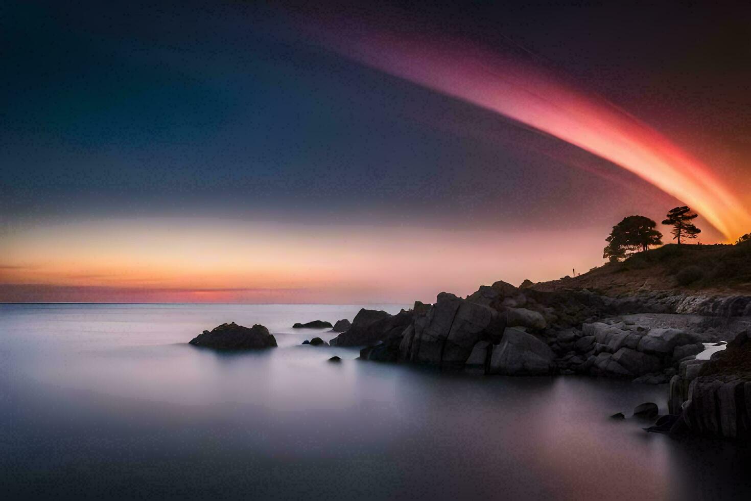 a colorful rainbow over the ocean at sunset. AI-Generated photo