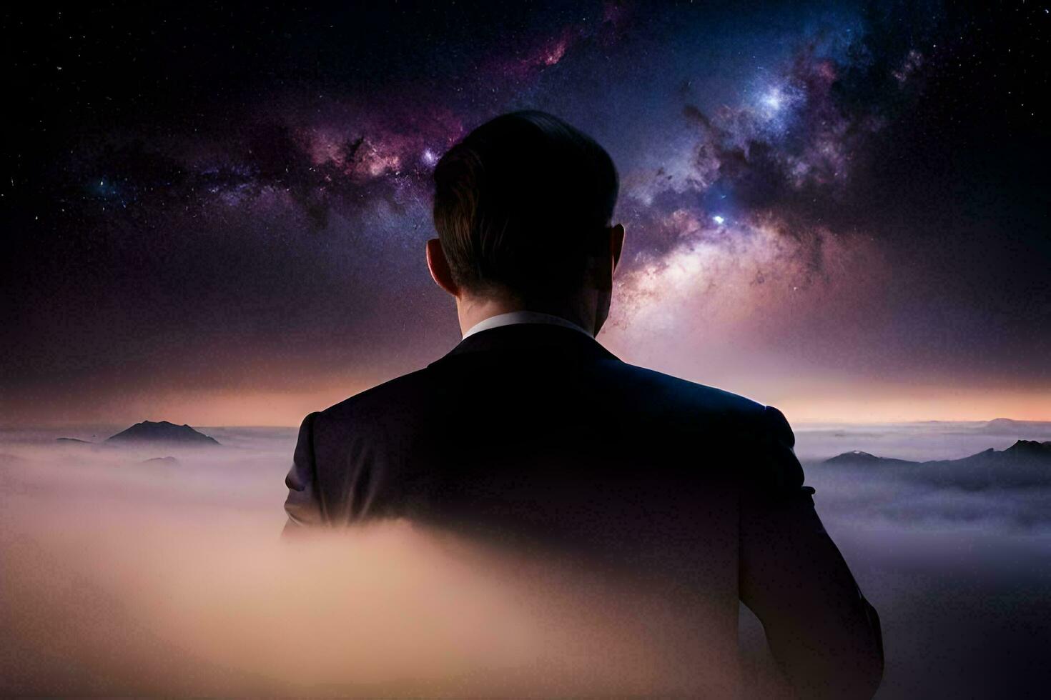 a man in a suit stands in front of the night sky. AI-Generated photo