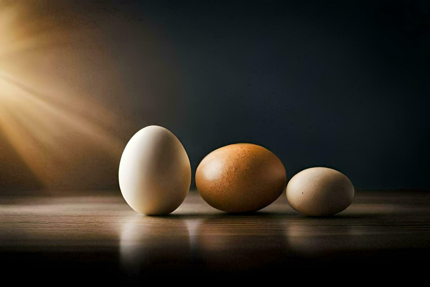 three eggs and an egg on a table. AI-Generated photo