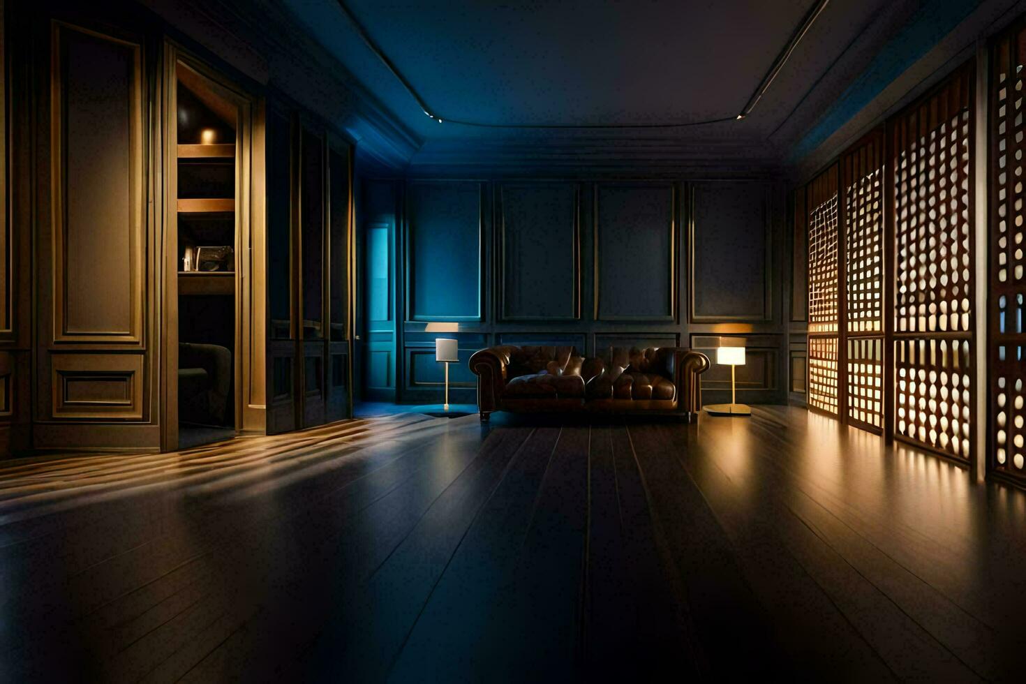 a dark room with a leather couch and wooden floor. AI-Generated photo