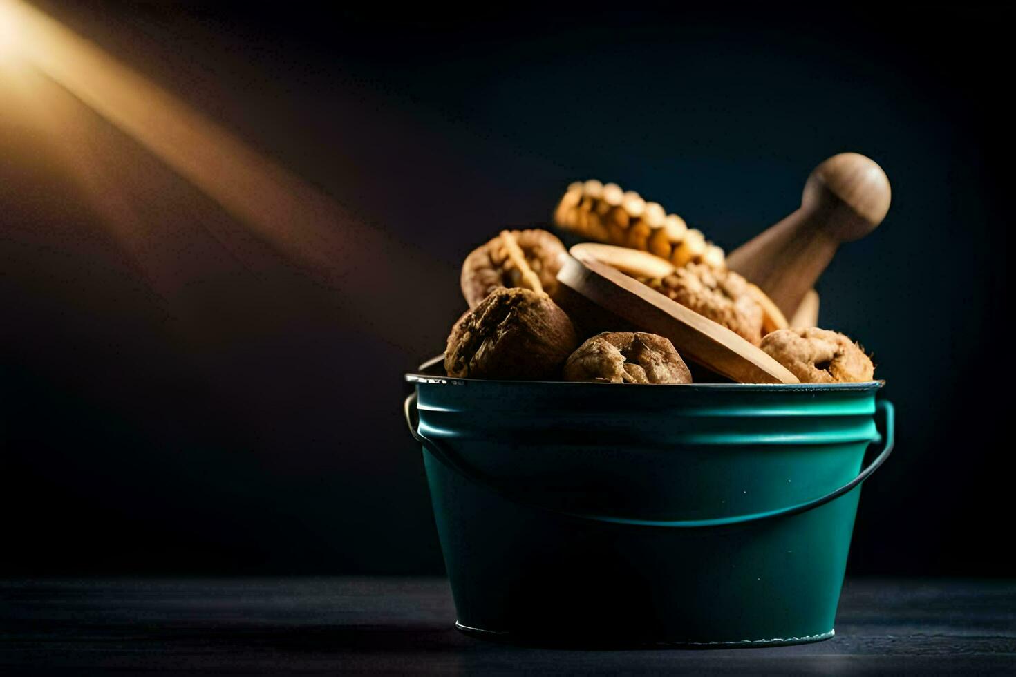 a bucket filled with cookies on a dark background. AI-Generated photo