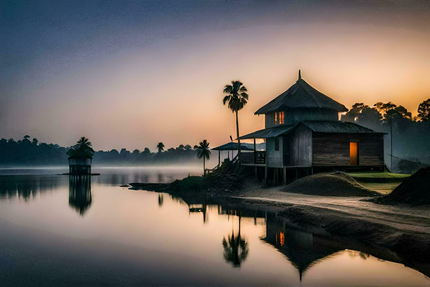 a house sits on the shore of a lake at sunrise. AI-Generated photo