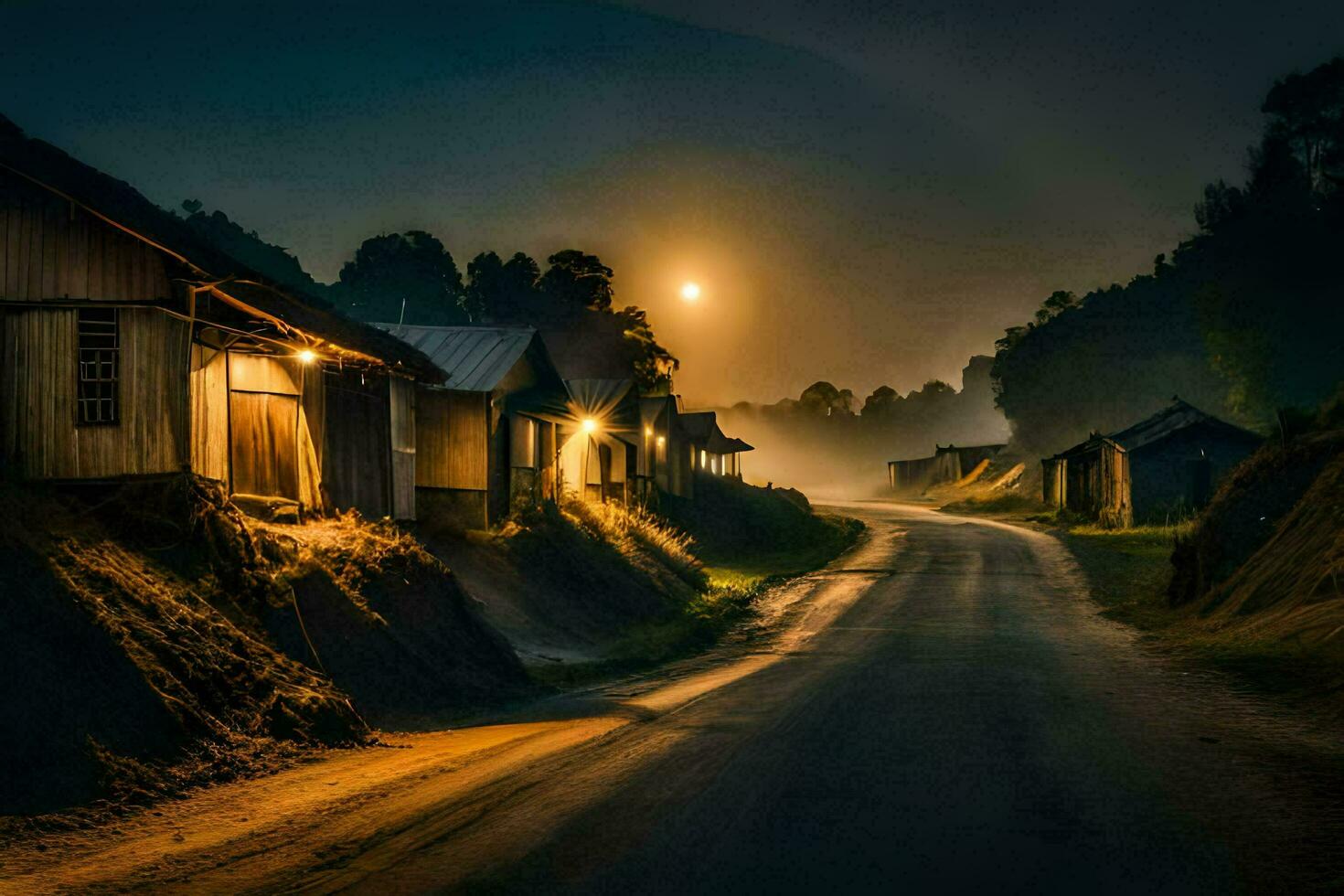 a road at night with houses and a full moon. AI-Generated photo