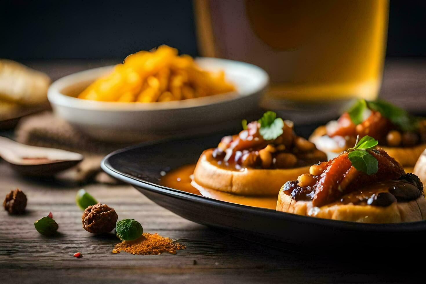 small appetizers on a plate with a glass of beer. AI-Generated photo