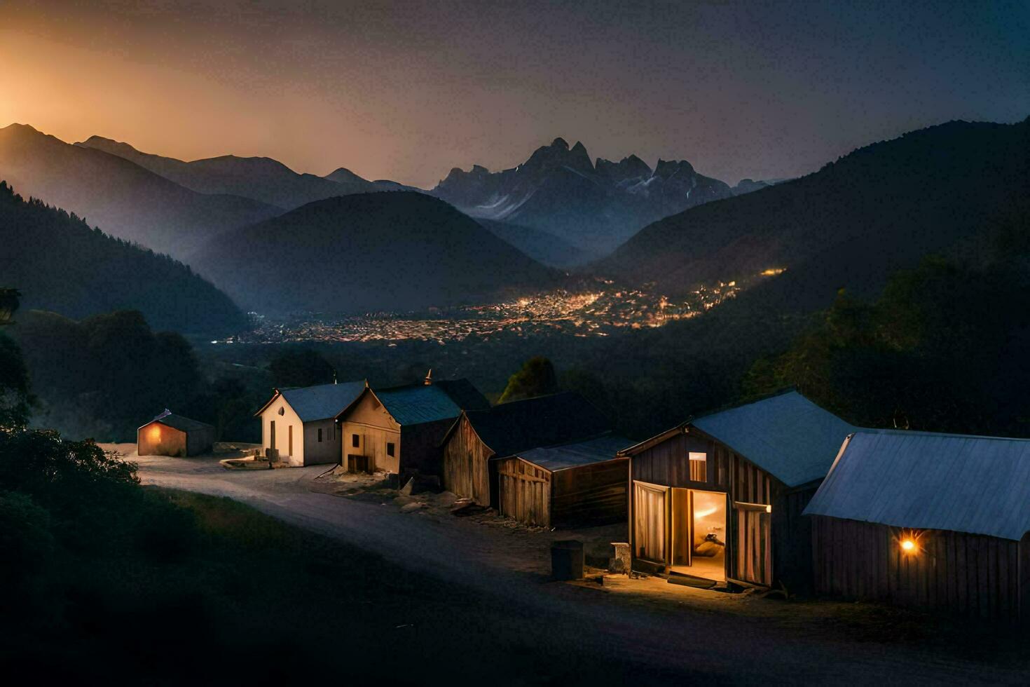 un pequeño pueblo en el montañas a noche. generado por ai foto