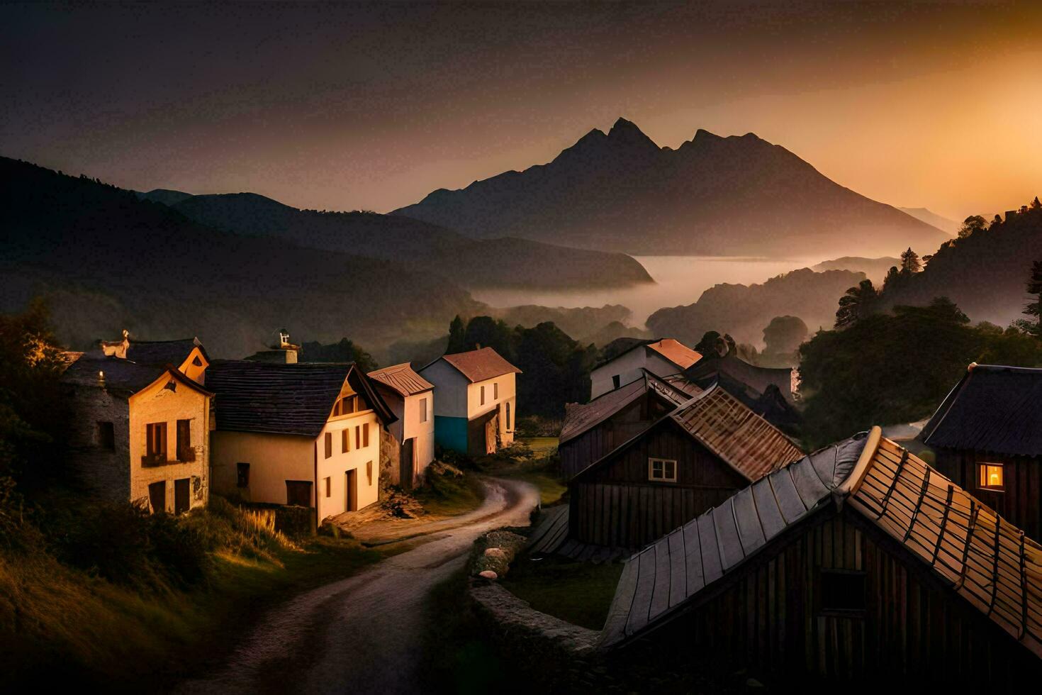 un pueblo en el montañas a puesta de sol. generado por ai foto