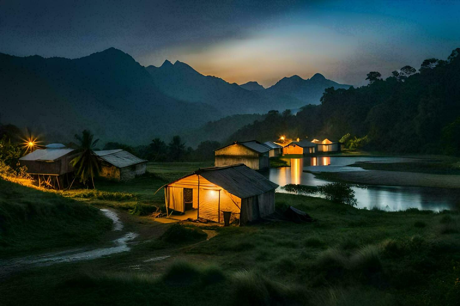 a small village at night with mountains in the background. AI-Generated photo