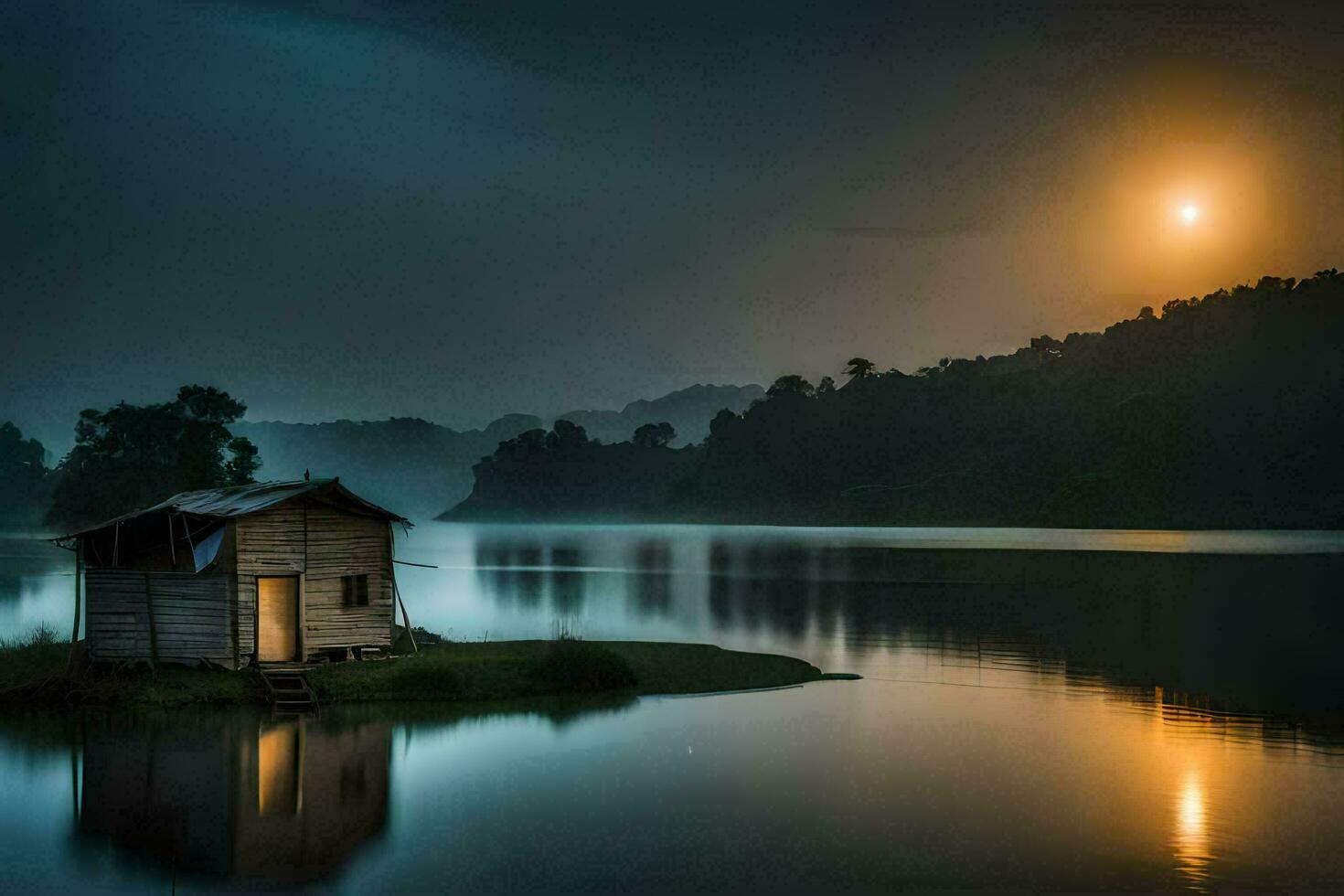 a small house sits on the shore of a lake at night. AI-Generated photo
