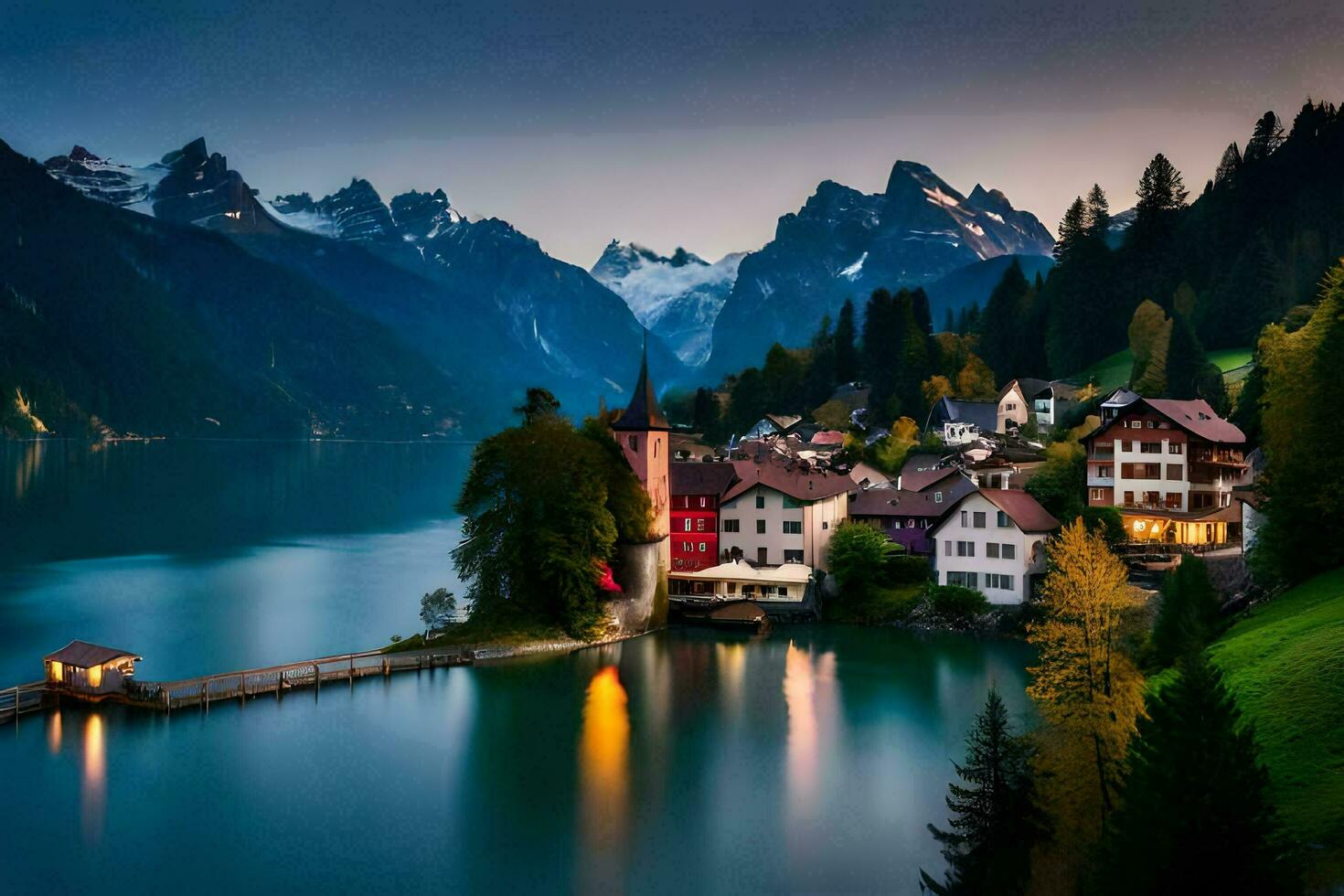 a town sits on the edge of a lake surrounded by mountains. AI-Generated photo