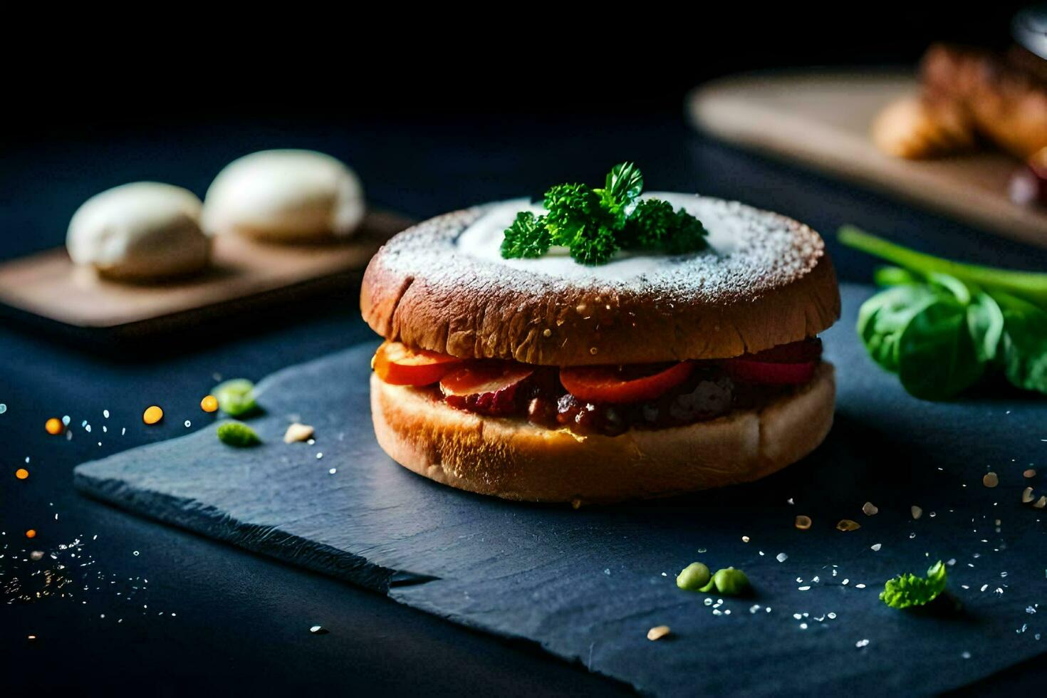 a hamburger with tomatoes and cheese on a black slate. AI-Generated photo