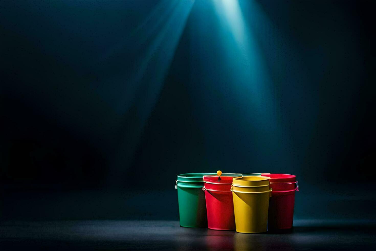 three colorful cups sit on a dark surface. AI-Generated photo