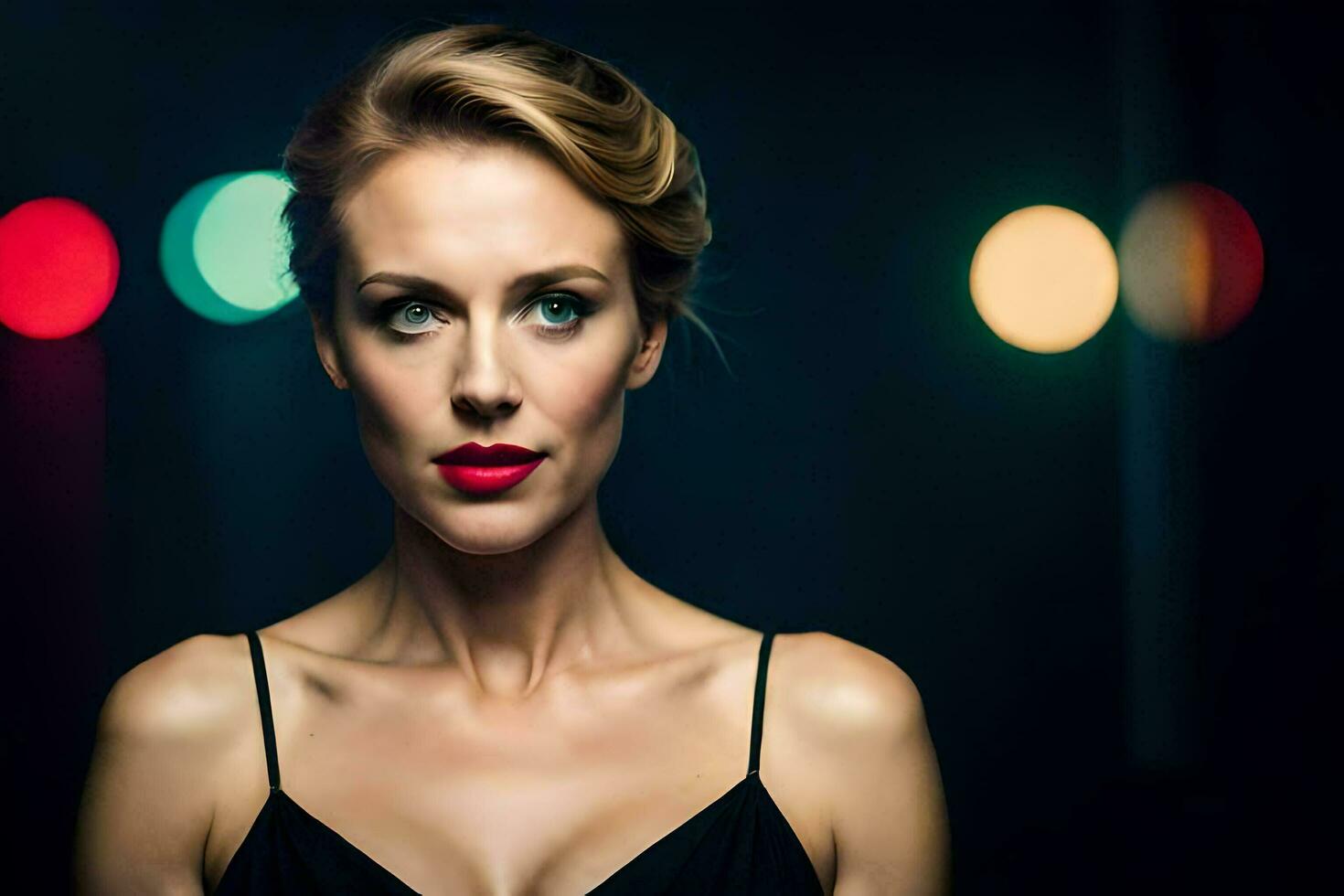a woman with red lips and a black dress. AI-Generated photo