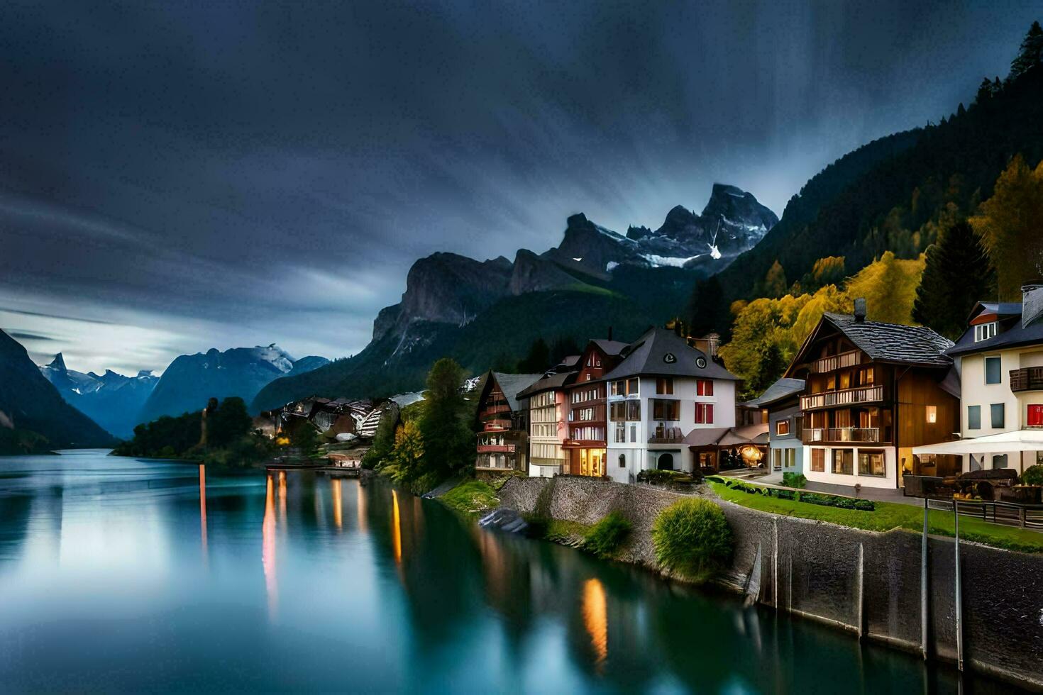 photo wallpaper the sky, mountains, lake, house, the night, the mountains, switzerland. AI-Generated