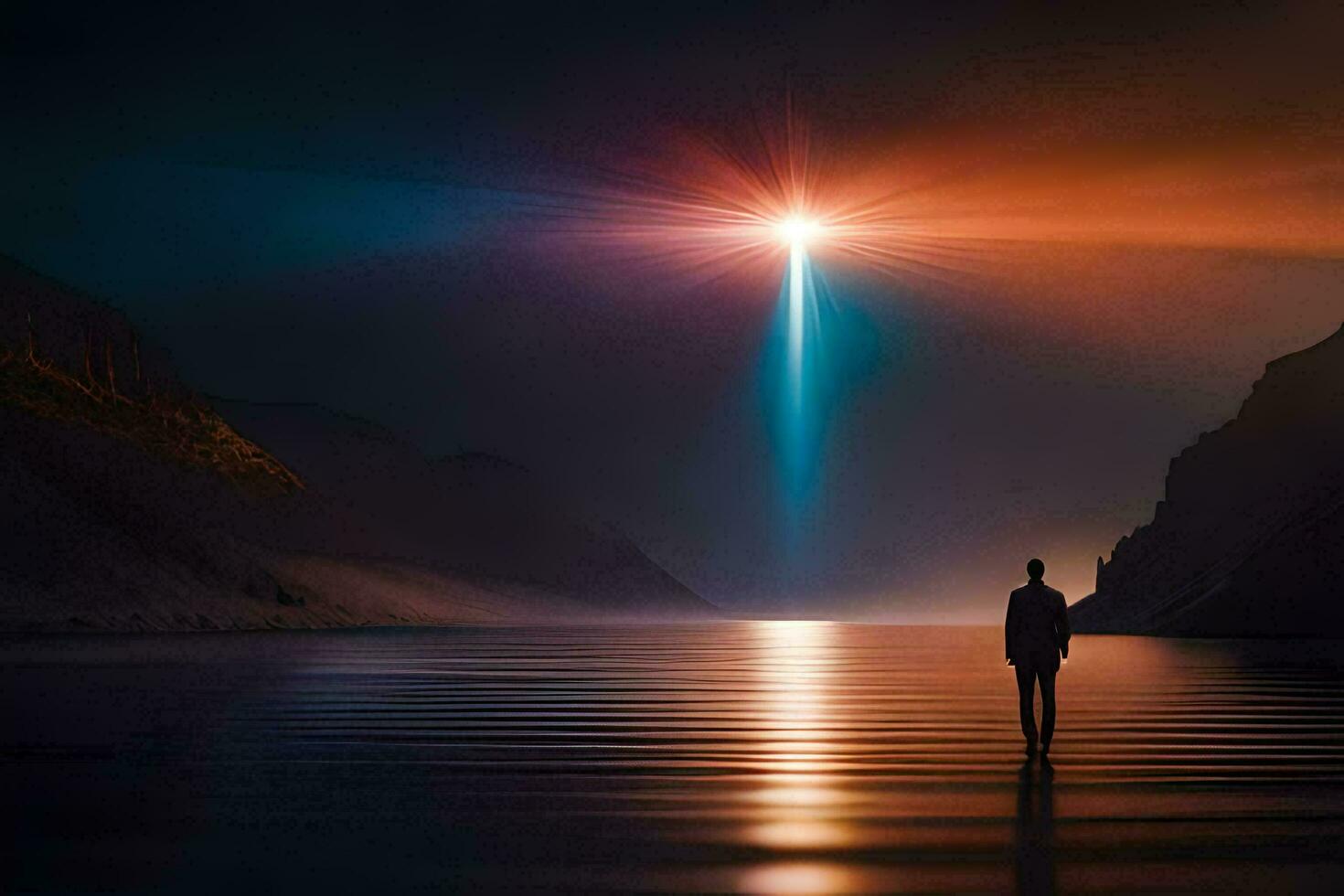 un hombre en pie en el medio de un lago mirando a un brillante ligero. generado por ai foto
