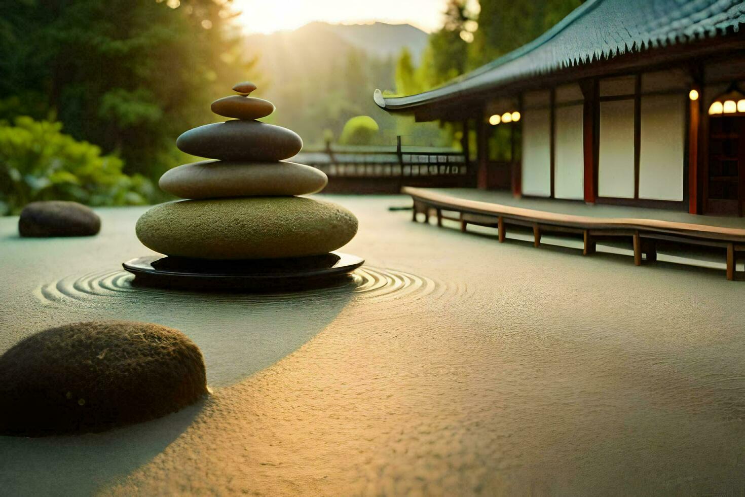 a japanese garden with stones and a stone circle. AI-Generated photo