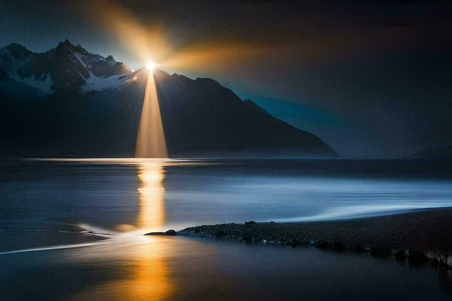 a light shines over the water and mountains. AI-Generated photo