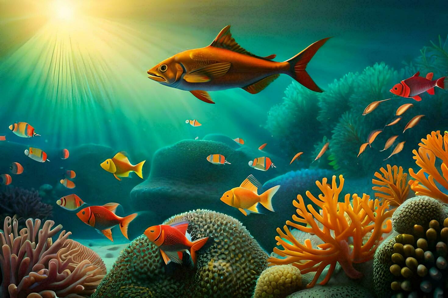 fish swimming in the ocean with coral reefs and sun. AI-Generated photo