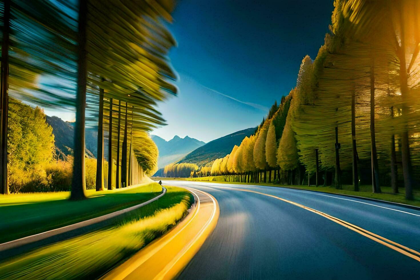 a road with trees and mountains in the background. AI-Generated photo