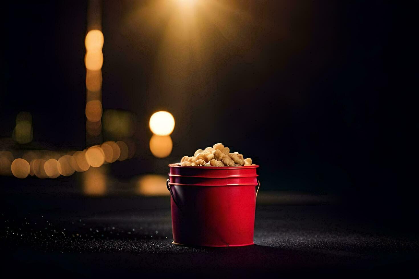 a red bucket filled with popcorn on a dark street. AI-Generated photo