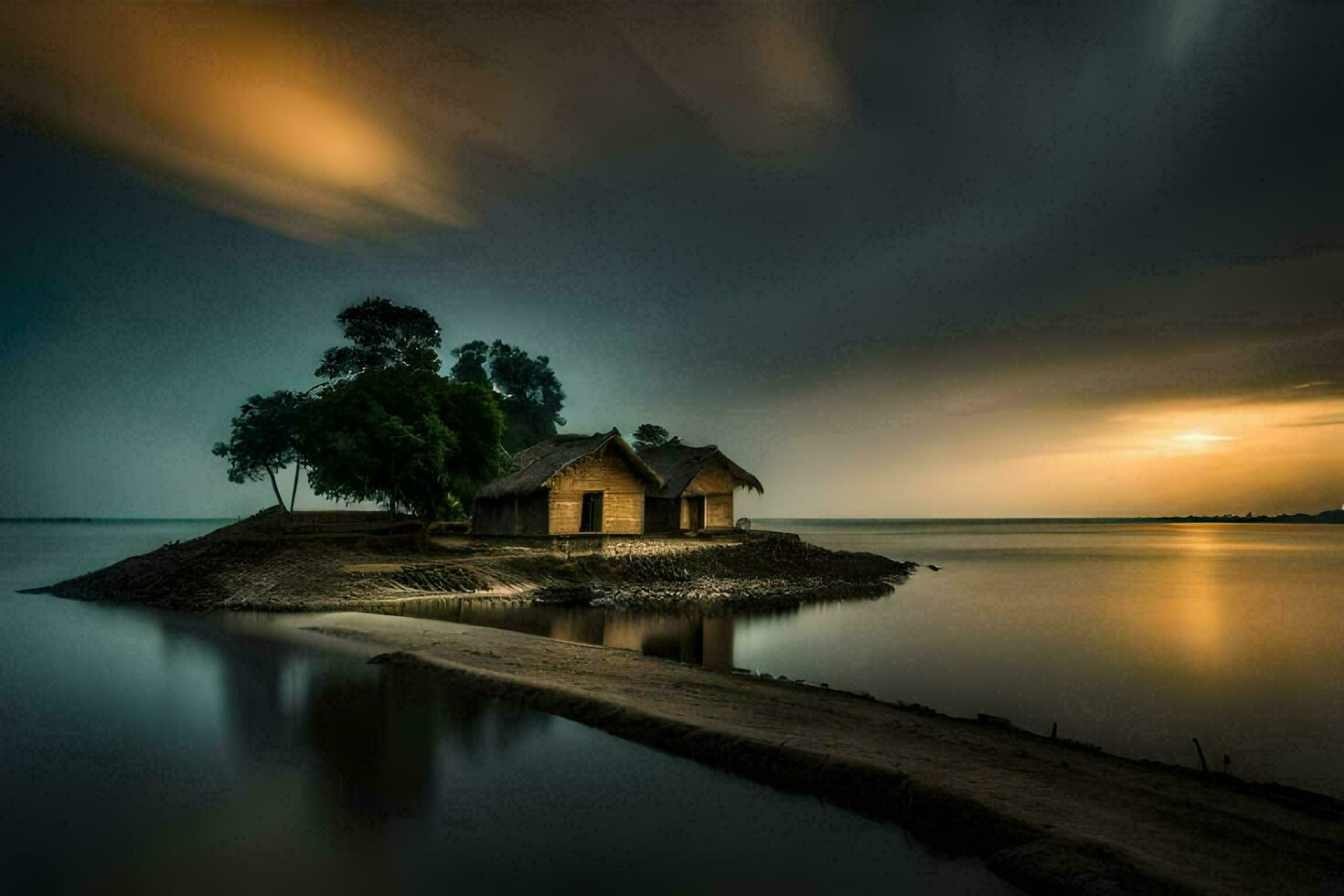 un pequeño casa en un isla en el medio de el agua. generado por ai foto