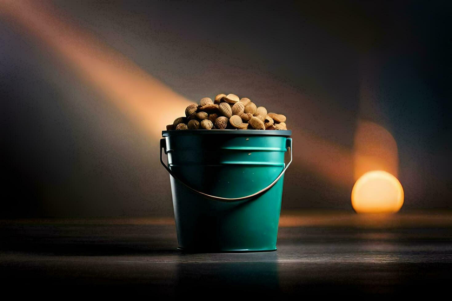 a bucket filled with peanuts on a table. AI-Generated photo