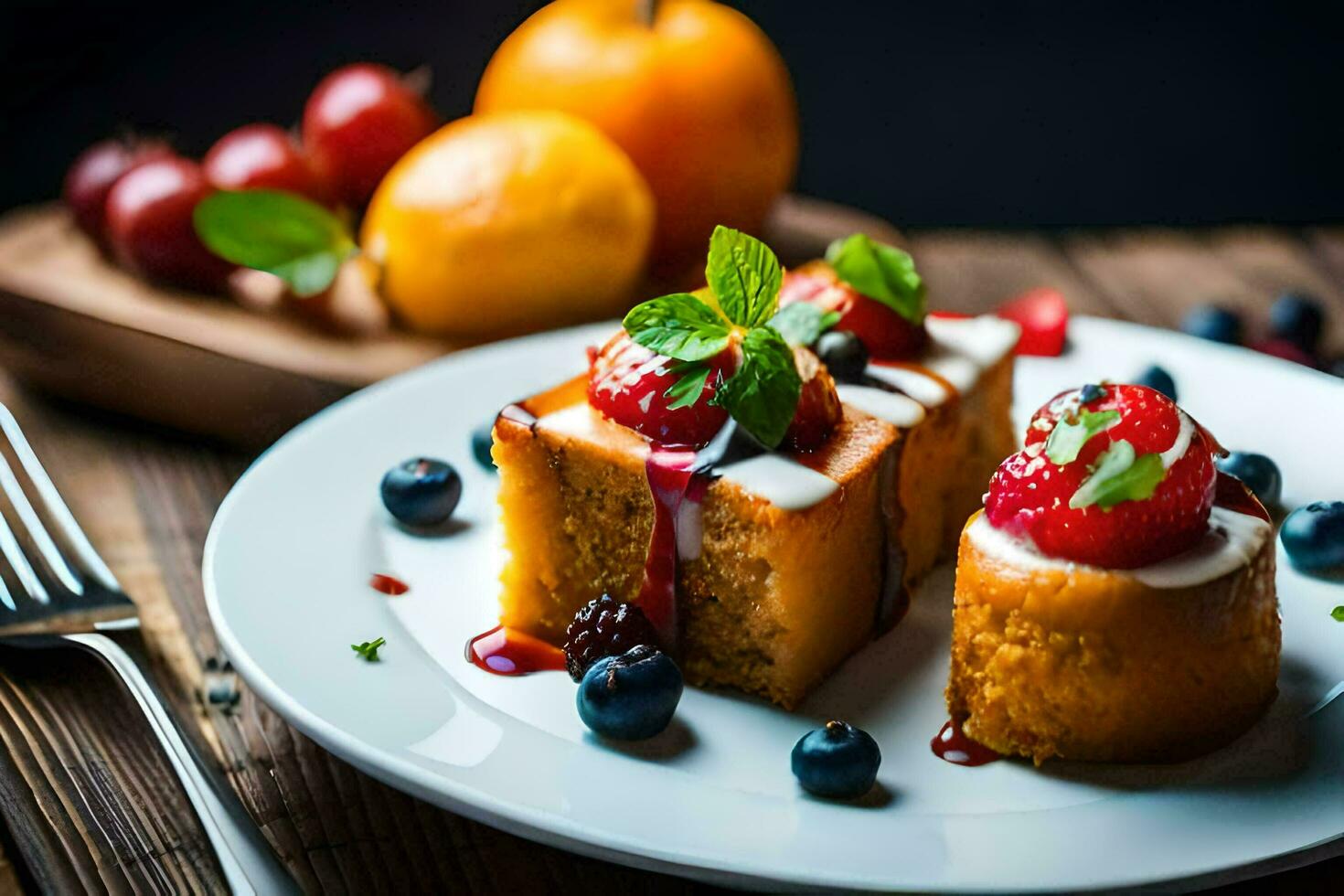 a plate with two pieces of cake and berries. AI-Generated photo