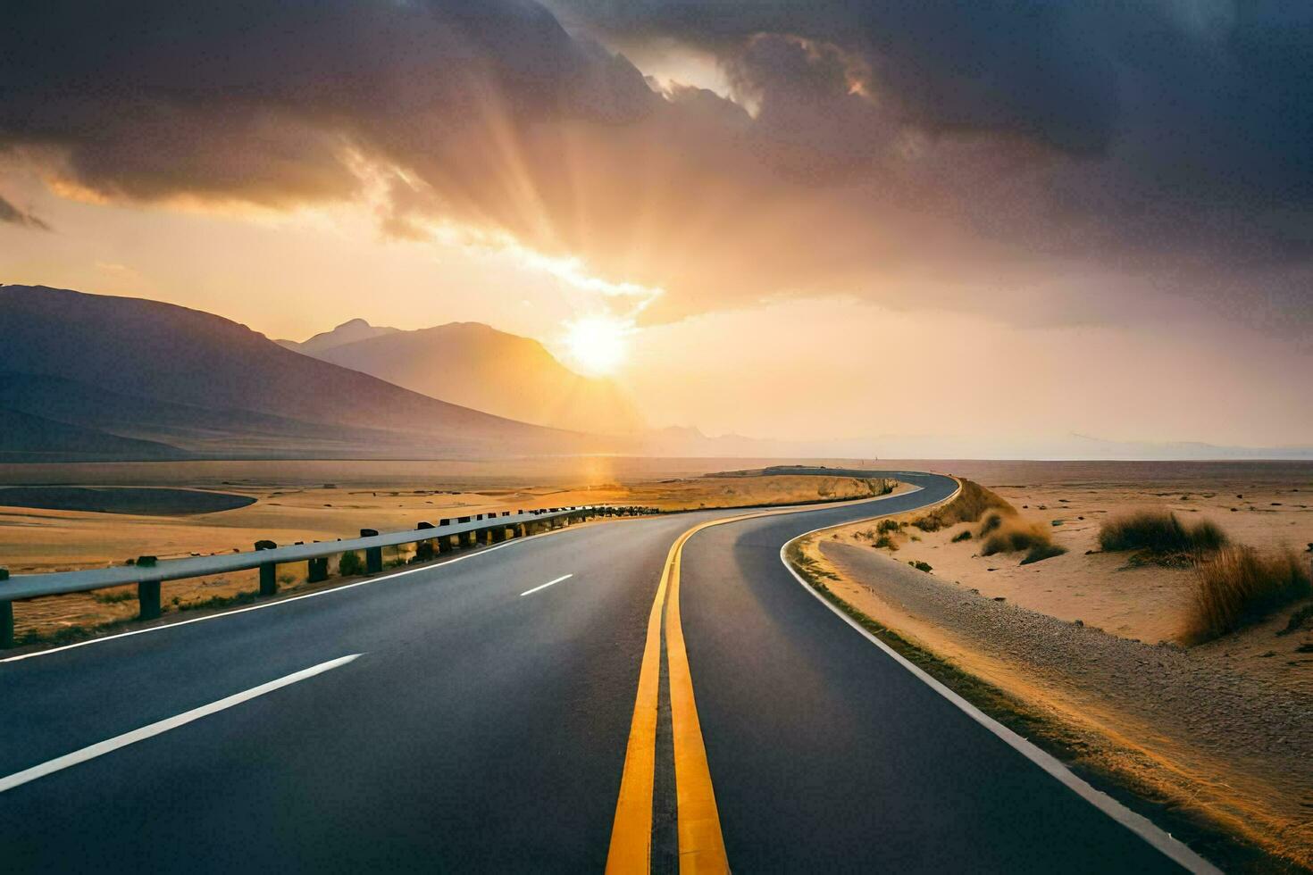 a long road in the desert with the sun setting. AI-Generated photo