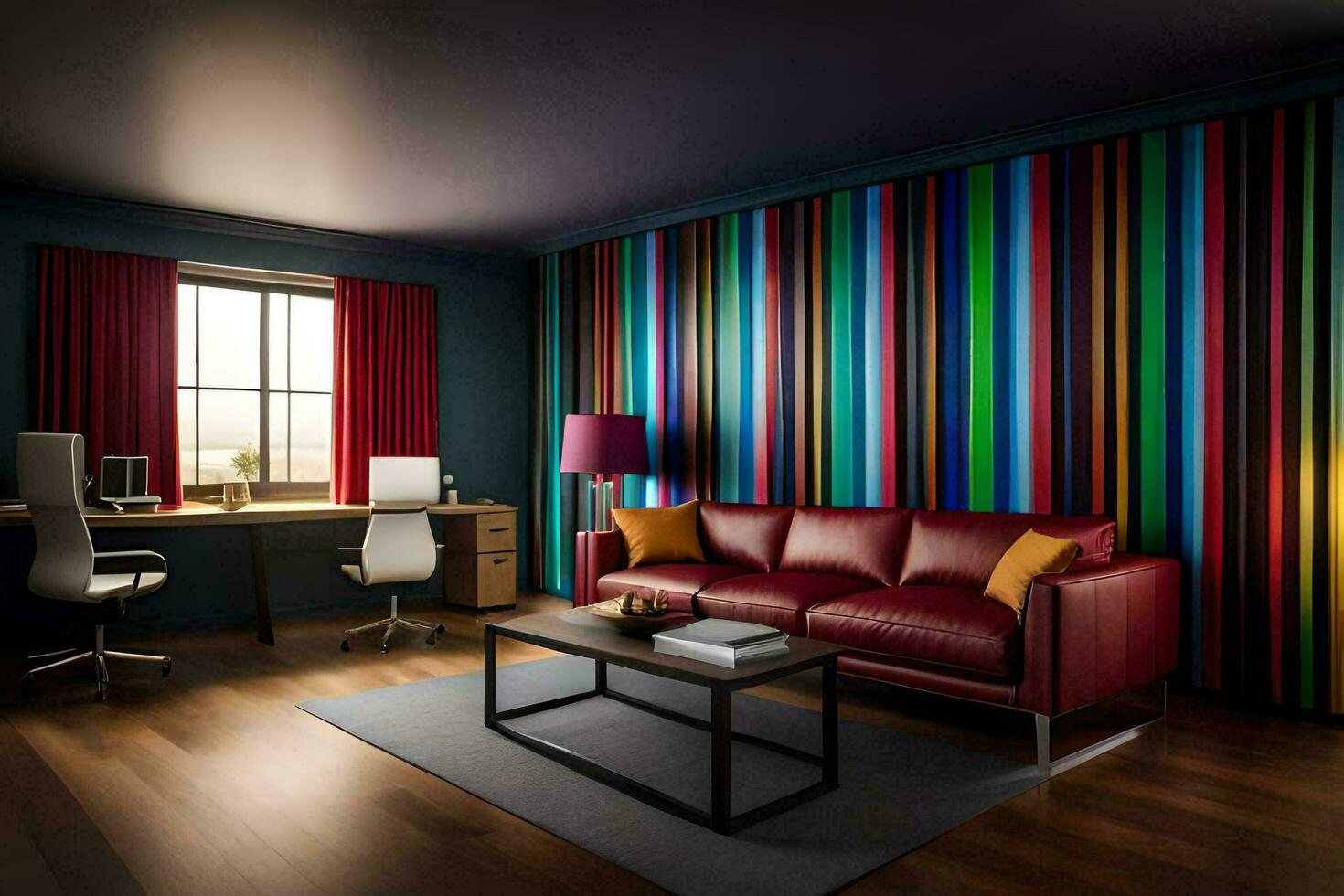 a colorful living room with a red couch and a desk. AI-Generated photo