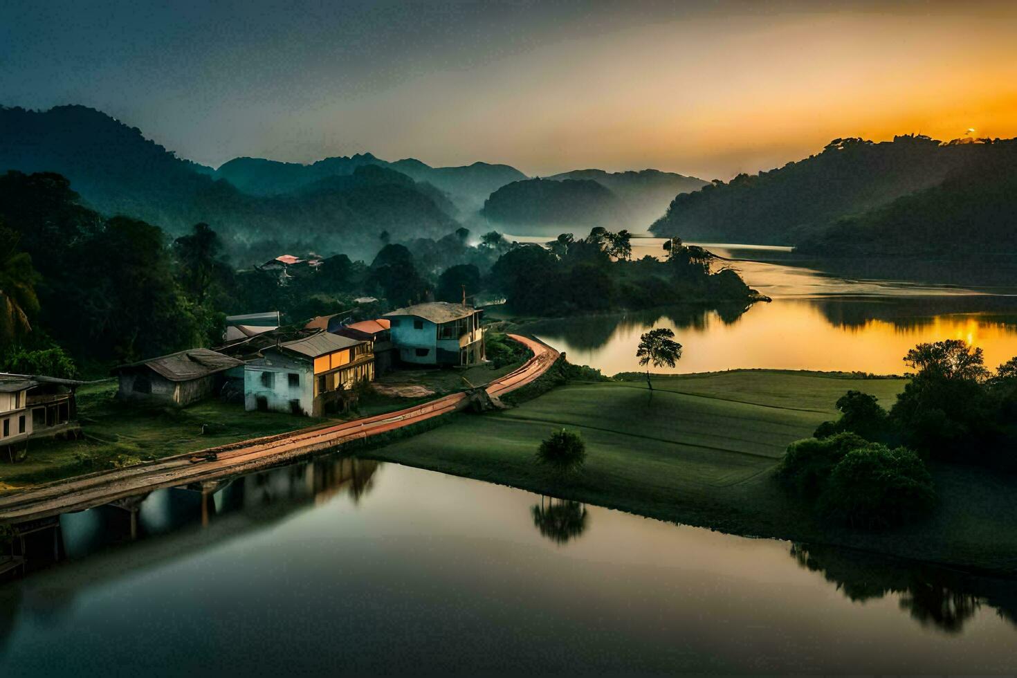 un hermosa puesta de sol terminado un río y pequeño aldea. generado por ai foto