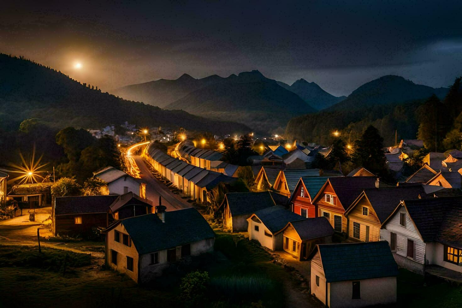 a village at night with a full moon. AI-Generated photo