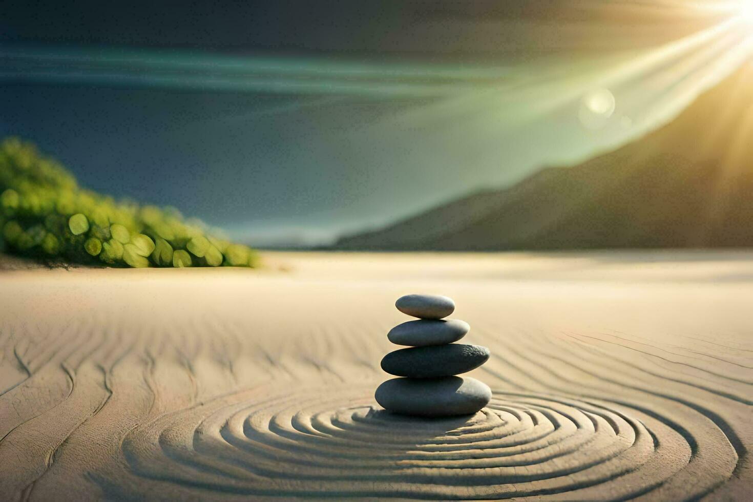 a stack of stones in the sand with the sun shining. AI-Generated photo