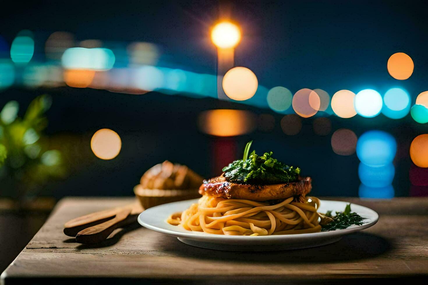 a plate of pasta and a glass of wine on a wooden table in front of a cityscape. AI-Generated photo
