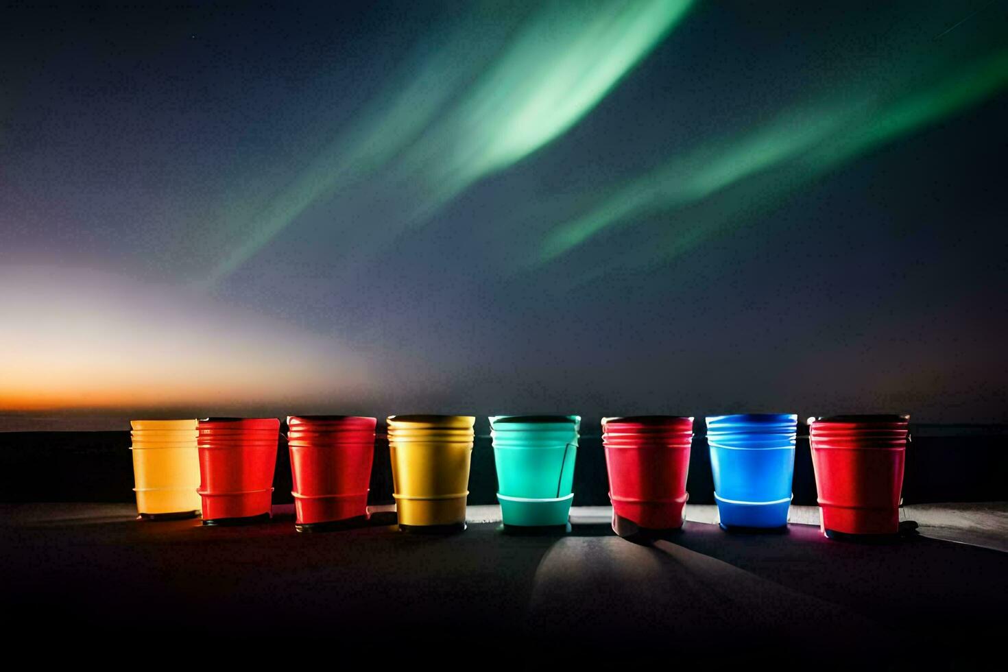 colorful cups lined up in front of a colorful aurora. AI-Generated photo