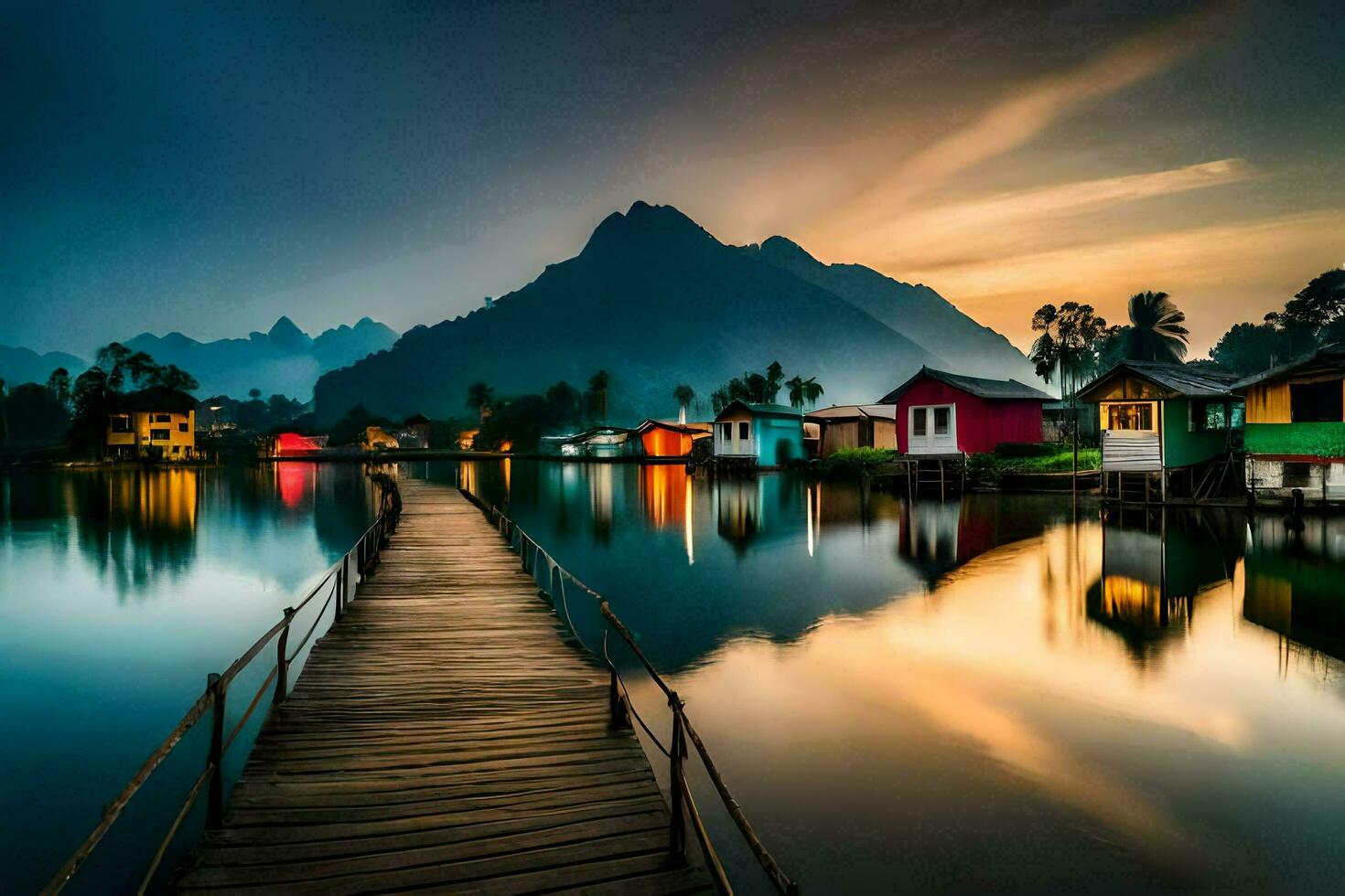 a wooden bridge leads to a lake with houses on it. AI-Generated photo
