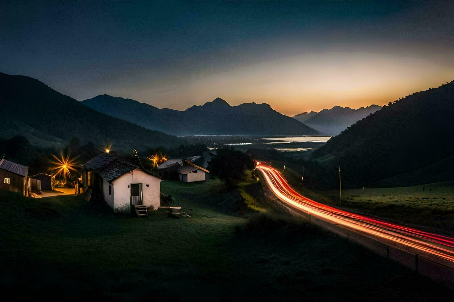 a long exposure photo of a road and a house in the mountains. AI-Generated