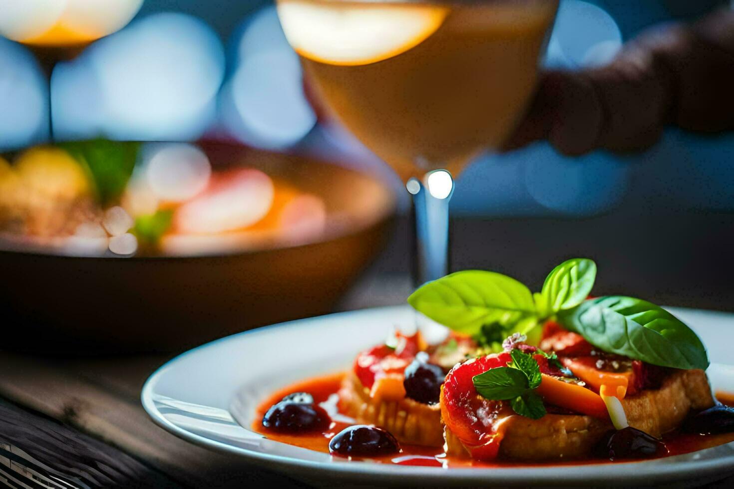 a plate of food with a glass of wine. AI-Generated photo