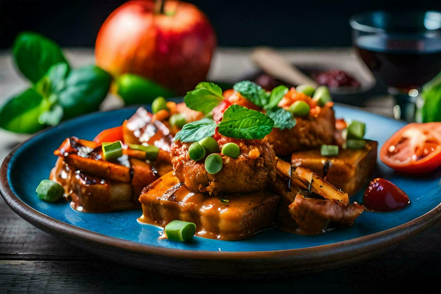 a plate of food with vegetables and apples. AI-Generated photo